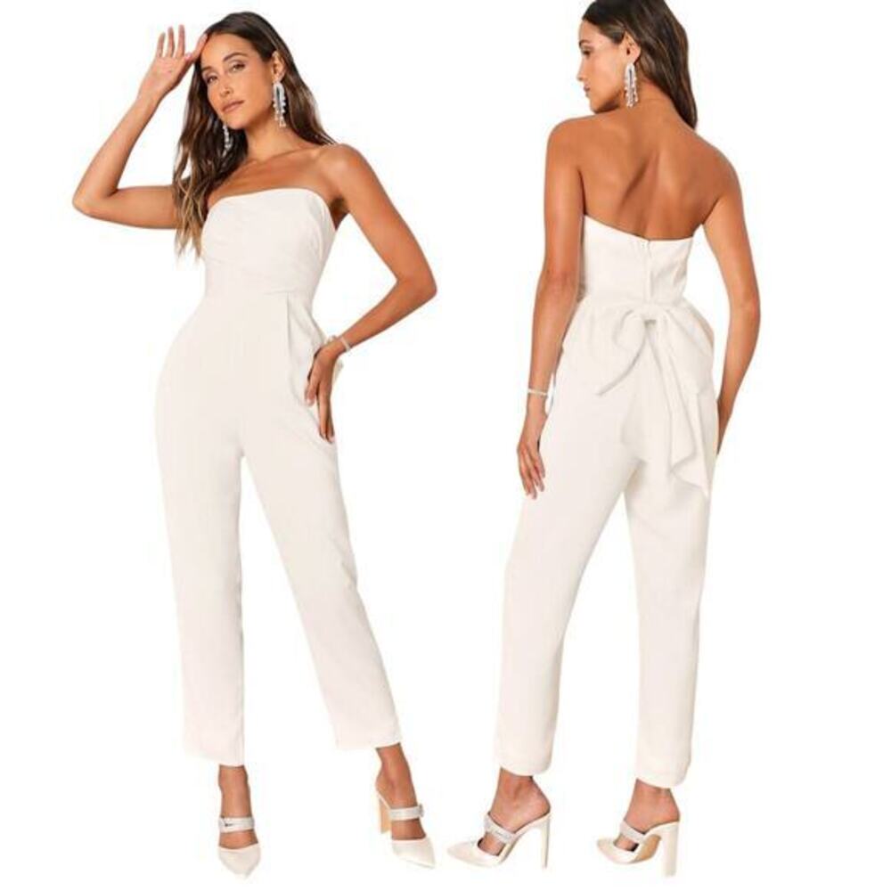 Lulus Beloved Bliss Ivory Strapless Slim Leg Bow Jumpsuit size Small